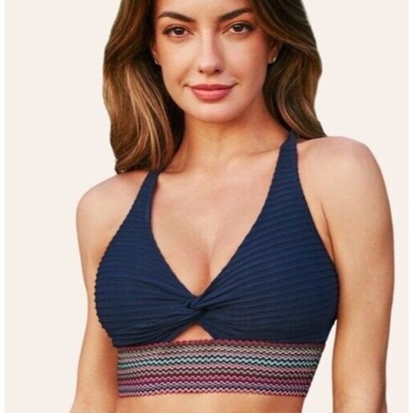 Cupshe Women's M Blue Textured Rainbow Halter Crop Swim Top Padded - Picture 1 of 12